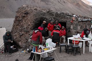 20 Setting Up Breakfast In Cold -8C Weather Next To The Muleteers At Casa de Piedra Before Trekking To Aconcagua Plaza Argentina Base Camp